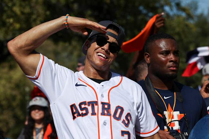 Nov 7, 2022; Houston, Texas, USA; Houston Astros shortstop Jeremy Pena (3) reacts during a parade to celebrate the Astros 2022 World Series championship.